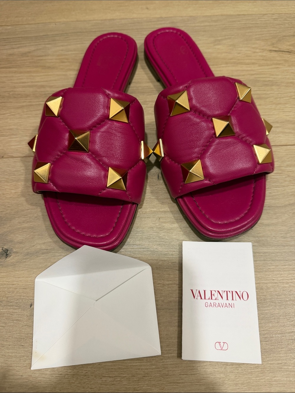 Valentino Garavani Fuchsia Quilted Rockstud Slide Sandals